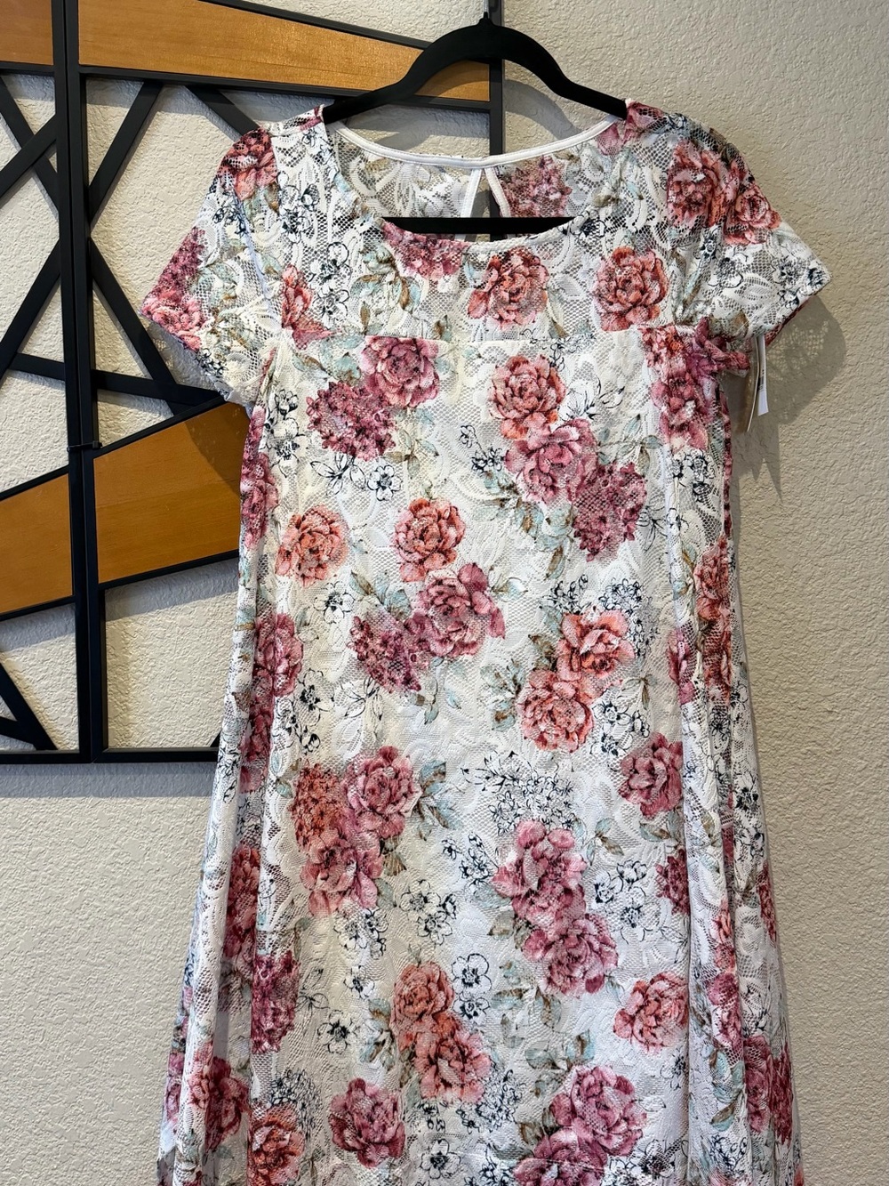 Robbie Bee White Lace Dress with Pink Floral Print